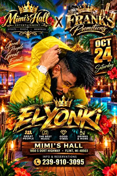 Flyer oficial: El Yonki en vivo, 24 de octubre en Mimi's Hall, Flint